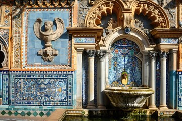 Poster - A vibrant fountain in front of a colorful building. Suitable for travel brochures