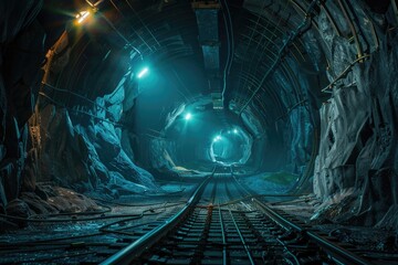 Poster - A train traveling through a tunnel with illuminated lights. Perfect for transportation or travel concepts