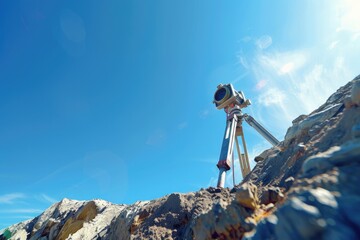 Aufkleber - A camera on a tripod capturing the scenic view from a mountain top. Ideal for travel and adventure concepts