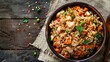 © Paul - Delicious and healthy top view of fried rice made with brown rice, colorful vegetables, and chicken, cooked in minimal olive oil, perfect for a balanced diet, isolated backdrop