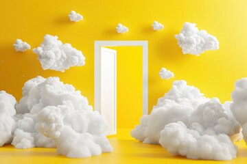 Poster - A surreal open door surrounded by clouds on a yellow background. Suitable for various concepts and designs