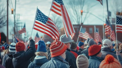 Aufkleber - Large group of people holding American flags. Suitable for patriotic events