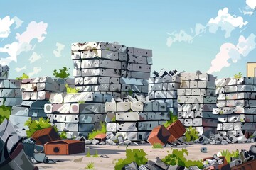 Aufkleber - A bunch of bricks sitting on top of a pile of rubble. Suitable for construction projects
