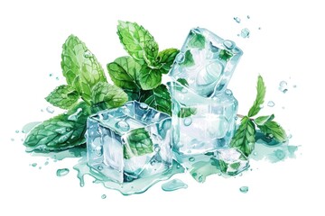 Poster - A realistic painting of ice cubes and fresh mint leaves, suitable for food and beverage concepts