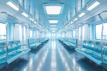 Poster - A long empty train car with blue seats. Suitable for transportation concepts