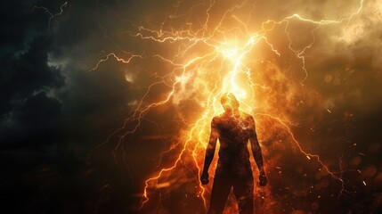 Poster - A man standing in the middle of a lightning storm, suitable for weather concept designs