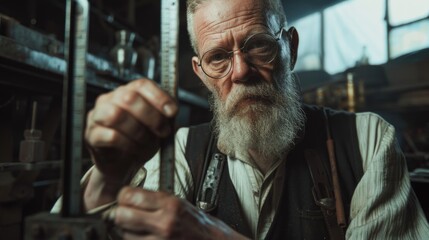 Poster - A man with a beard and glasses working on a machine. Suitable for industrial and technology concepts