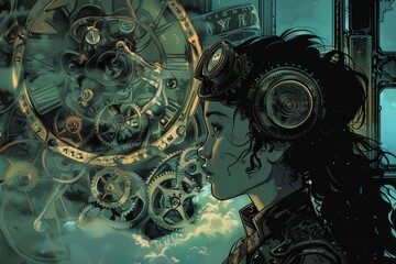 Poster - Woman with headphones checking the time, suitable for technology or time management concepts