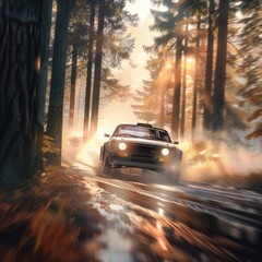 A car driving through a forest, suitable for travel concept