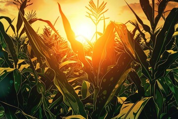 Wall Mural - A picturesque corn field with the sun setting in the background. Suitable for agricultural or nature-themed projects