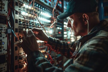 Poster - A man in a hat working on a machine. Suitable for industrial concepts