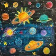 A chalkboard comes to life with vibrant drawings of planets and stars, educating young minds, bright water color