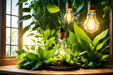 Light bright  bulb with green leaves symbolizes eco-friendly energy. Renewable clean energy  concepts