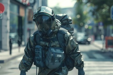 Poster - A man wearing a gas mask walking down a city street. Suitable for urban and environmental themes