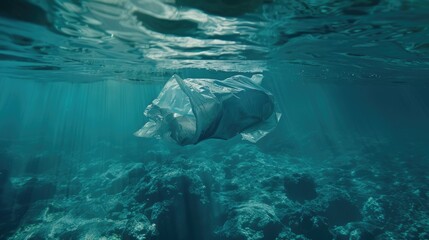 Poster - Plastic bag floating in the ocean, environmental pollution concept. Suitable for environmental campaigns