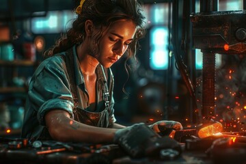 Poster - A woman working on a piece of metal. Suitable for industrial or construction concepts