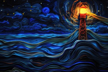 Poster - A serene painting of a lighthouse standing tall in the middle of the vast ocean. Ideal for nautical themes and coastal decor