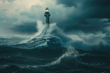 Poster - A lighthouse standing strong in the midst of a stormy ocean. Perfect for illustrating resilience and guidance