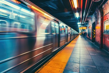 Poster - Subway train moving through underground station. Ideal for transportation concepts