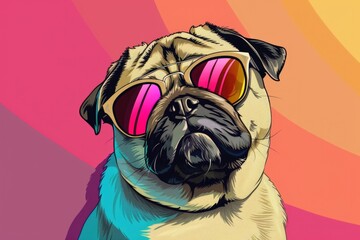 Aufkleber - Playful pug dog wearing sunglasses on vibrant background, perfect for pet lovers and summer designs
