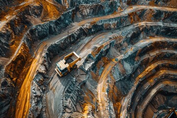 Poster - A dump truck driving through a large open pit. Suitable for construction and mining industry