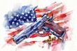 Watercolor painting of a gun and an American flag, suitable for patriotic themes