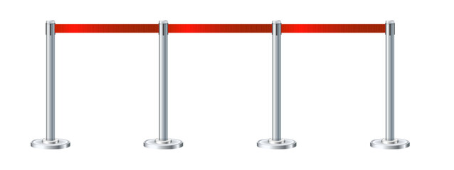 Retractable belt rack. Portable tape barrier. Red tape for fencing. Red carpet with red ropes on silver supports. Exclusive event, movie premiere, gala concert, awards ceremony.