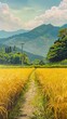 Illustration of gold rice field agriculture landscape outdoors.