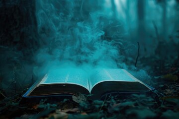 Poster - An open book placed in a forest setting, ideal for educational or nature-themed designs