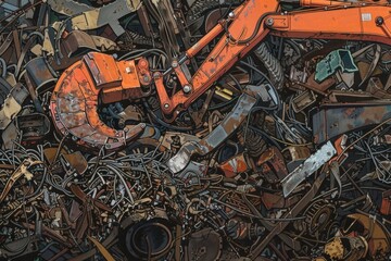 Poster - A large orange excavator on a pile of junk, suitable for construction or industrial concepts
