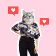 Surreal contemporary art collage in magazine style, travel blogger, human body in hawaiian shirt with cat head, isolated like symbol. social media manager, influence marketing, positive traveler