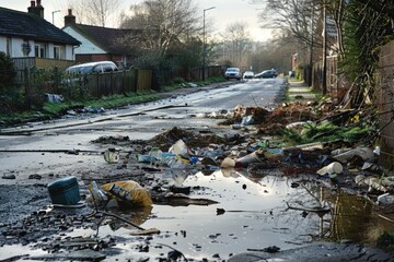 Poster - A street littered with trash and garbage. Suitable for environmental awareness campaigns