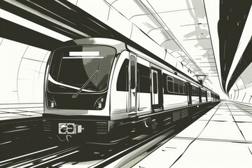 Poster - Black and white drawing of a train in a station. Suitable for transportation themes