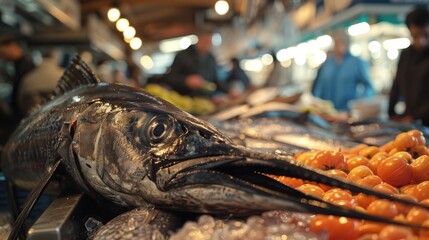 Poster - A fish head placed on a stack of oranges, suitable for food waste or recycling concepts