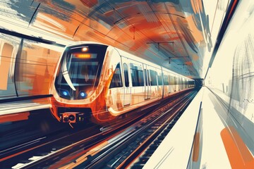 Poster - A train passing through a tunnel next to a platform. Suitable for transportation themes