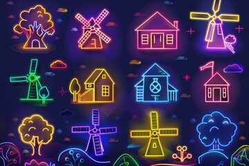 Aufkleber - A collection of neon signs displayed on a wall. Ideal for advertising or urban themed projects