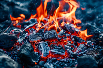 Canvas Print - Pile of burning charcoal producing lot of heat and light.