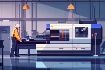 Poster - A man standing in front of a machine in a factory. Suitable for industrial concepts