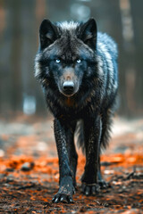 Poster - Wolf with blue eyes stands in forest.