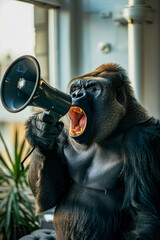 Poster - Gorilla is holding megaphone and appears to be shouting into it.