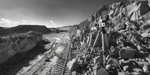 Poster - A black and white photo of a camera on a tripod. Perfect for photography enthusiasts
