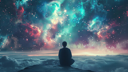 person sitting on the cliff under galaxy sky