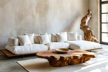 Sticker - Living room with large white couch and wooden coffee table in front of tree-like sculpture.