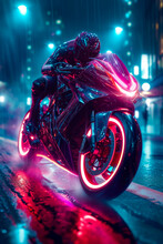 Motorcycle With Neon Pink And Blue Accents Is Being Ridden In The Rain By Man Wearing Black Leather Gear.
