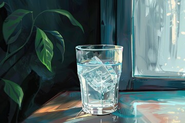 Poster - A painting of a glass of water on a table. Suitable for various projects