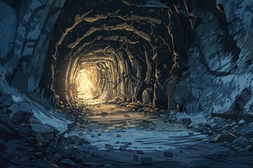 Poster - Dark tunnel with a light shining at the end. Suitable for concepts of hope, success, and overcoming obstacles