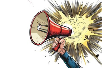 Poster - A hand holding a megaphone with smoke coming out. Suitable for advertising concepts