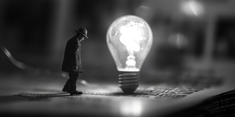 Poster - A man standing in front of a glowing light bulb, suitable for business concepts