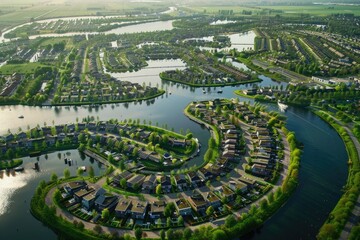 Poster - A bird's eye view of a city with a river running through it. Suitable for urban planning concepts