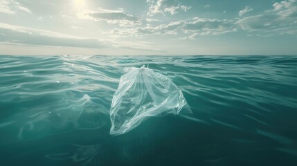 Poster - A plastic bag drifting in the vast ocean. Suitable for environmental awareness campaigns